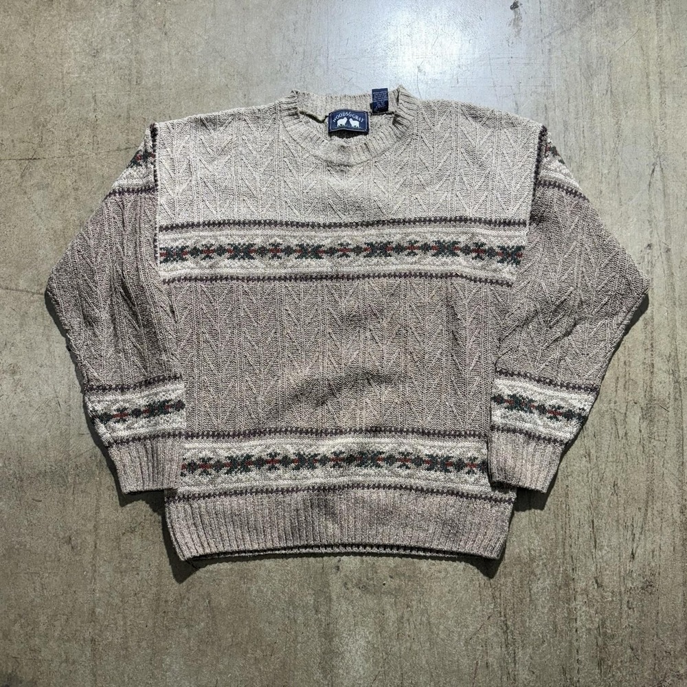 Woods & Gray Sweater Mens Medium Beige Fair Isle Silk Wool Knit Crewneck Warm